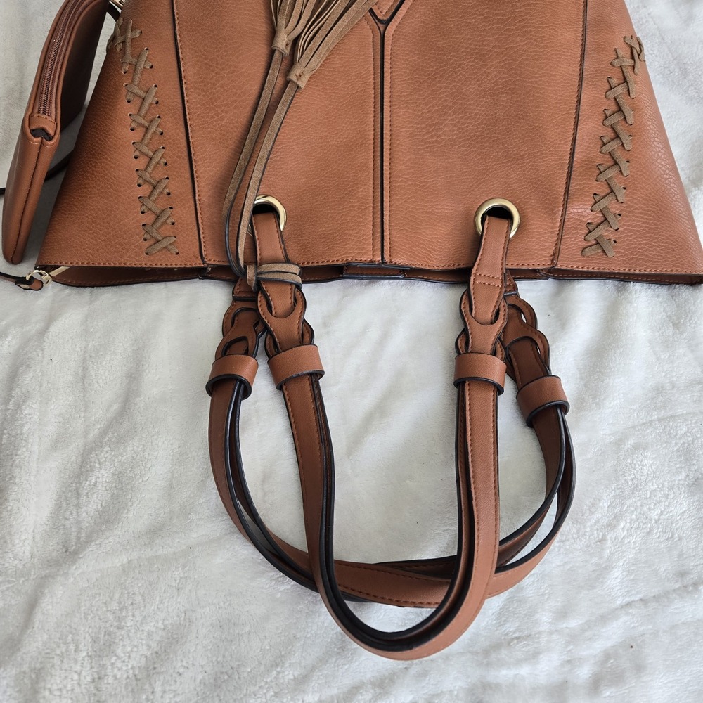 Boho Whipstitch Tassel Tote Camel‎ Pebbled Faux Leather Slouchy Western Chic Bag - Picture 7 of 16